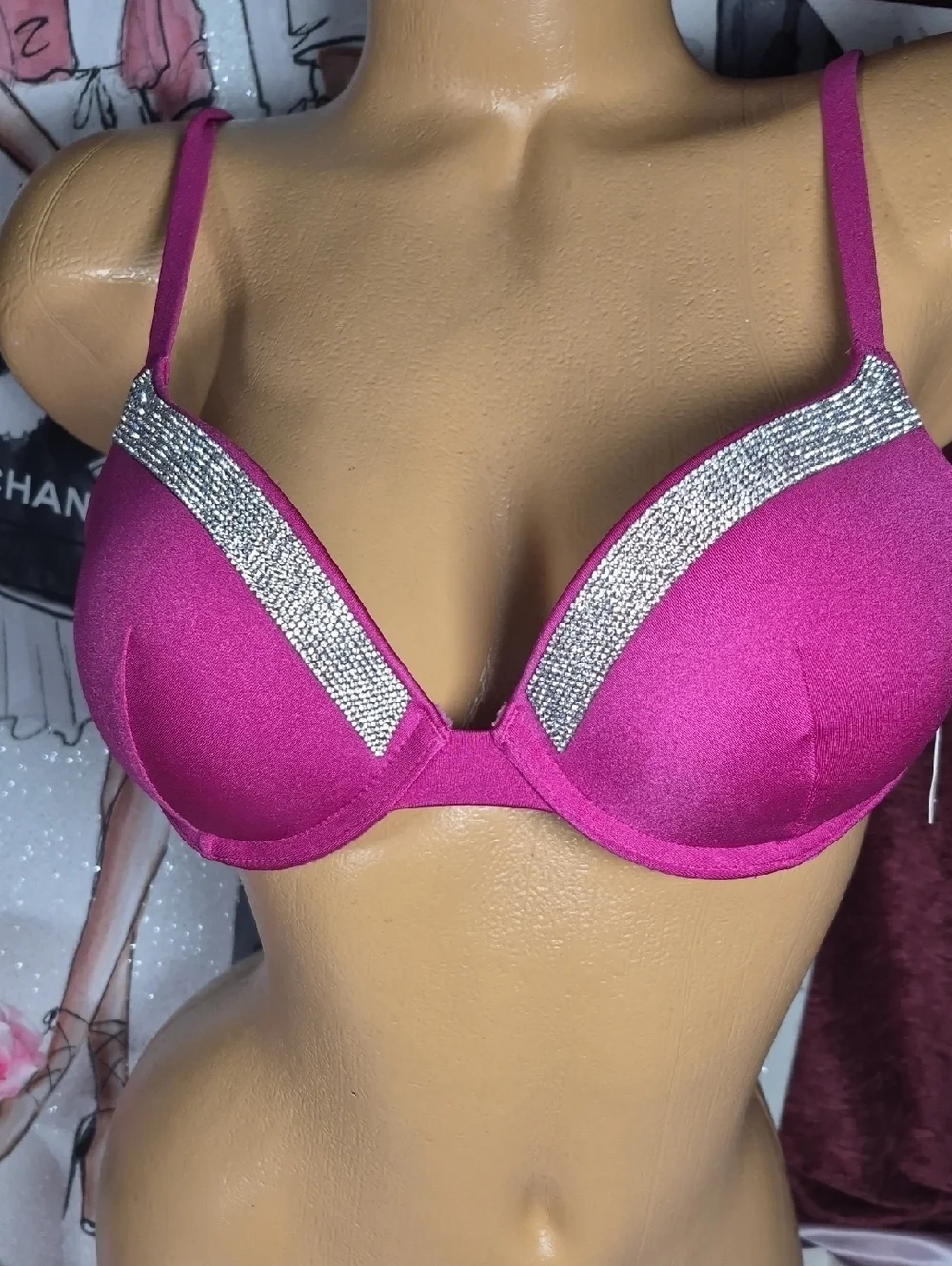 VICTORIA'S SECRET Plunge Push-Up swim Bra with Rhinestone Trim Fuchsia Pink 2207